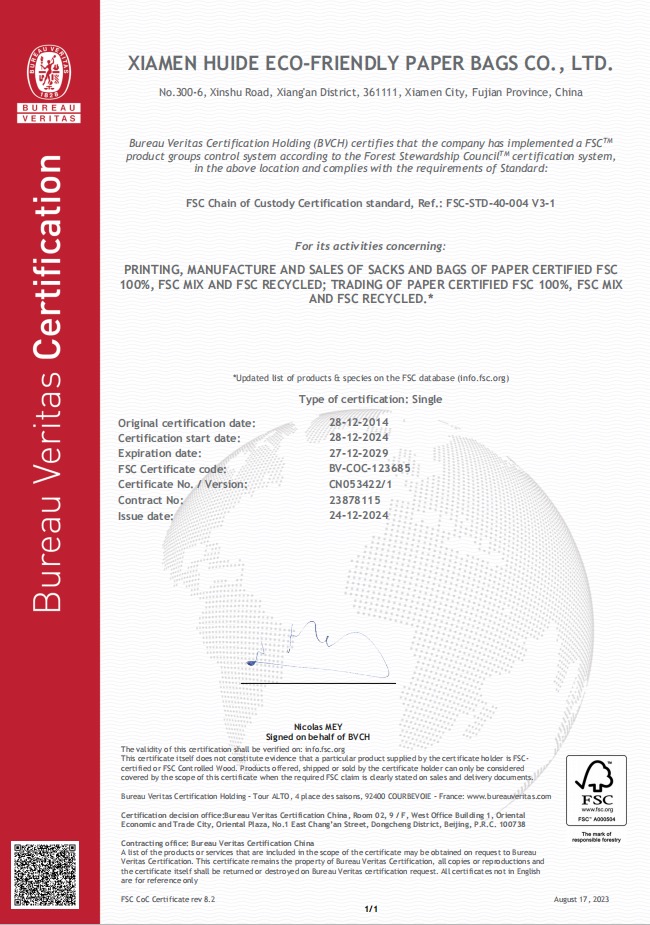FSC certification for Xiamen Huide Eco-friendly Paper Bags